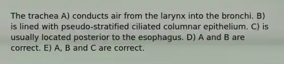 The trachea A) conducts air from the larynx into the bronchi. B) is lined with pseudo-stratified ciliated columnar epithelium. C) is usually located posterior to the esophagus. D) A and B are correct. E) A, B and C are correct.