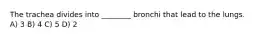 The trachea divides into ________ bronchi that lead to the lungs. A) 3 B) 4 C) 5 D) 2