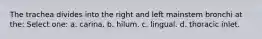 The trachea divides into the right and left mainstem bronchi at the: Select one: a. carina. b. hilum. c. lingual. d. thoracic inlet.