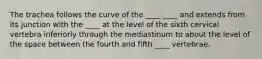 The trachea follows the curve of the ____ ____ and extends from its junction with the ____ at the level of the sixth cervical vertebra inferiorly through the mediastinum to about the level of the space between the fourth and fifth ____ vertebrae.