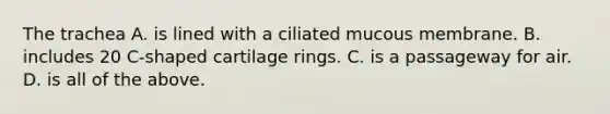 The trachea A. is lined with a ciliated mucous membrane. B. includes 20 C-shaped cartilage rings. C. is a passageway for air. D. is all of the above.