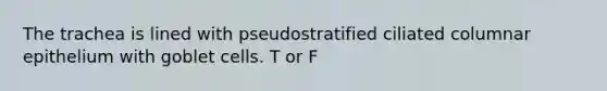 The trachea is lined with pseudostratified ciliated columnar epithelium with goblet cells. T or F