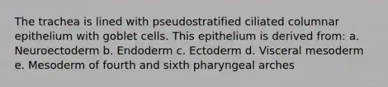 The trachea is lined with pseudostratified ciliated columnar epithelium with goblet cells. This epithelium is derived from: a. Neuroectoderm b. Endoderm c. Ectoderm d. Visceral mesoderm e. Mesoderm of fourth and sixth pharyngeal arches