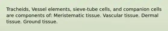 Tracheids, Vessel elements, sieve-tube cells, and companion cells are components of: Meristematic tissue. Vascular tissue. Dermal tissue. Ground tissue.