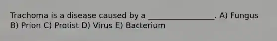 Trachoma is a disease caused by a _________________. A) Fungus B) Prion C) Protist D) Virus E) Bacterium