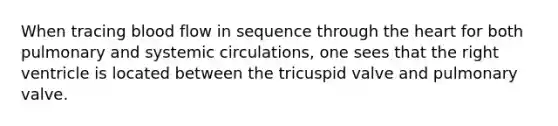 When tracing blood flow in sequence through the heart for both pulmonary and systemic circulations, one sees that the right ventricle is located between the tricuspid valve and pulmonary valve.