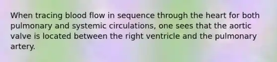 When tracing blood flow in sequence through the heart for both pulmonary and systemic circulations, one sees that the aortic valve is located between the right ventricle and the pulmonary artery.