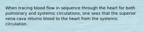 When tracing blood flow in sequence through the heart for both pulmonary and systemic circulations, one sees that the superior vena cava returns blood to the heart from the systemic circulation.