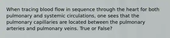 When tracing blood flow in sequence through the heart for both pulmonary and systemic circulations, one sees that the pulmonary capillaries are located between the pulmonary arteries and pulmonary veins. True or False?