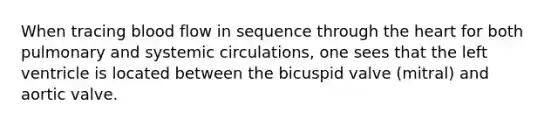 When tracing blood flow in sequence through <a href='https://www.questionai.com/knowledge/kya8ocqc6o-the-heart' class='anchor-knowledge'>the heart</a> for both pulmonary and systemic circulations, one sees that the left ventricle is located between the bicuspid valve (mitral) and aortic valve.