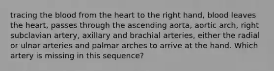 tracing the blood from the heart to the right hand, blood leaves the heart, passes through the ascending aorta, aortic arch, right subclavian artery, axillary and brachial arteries, either the radial or ulnar arteries and palmar arches to arrive at the hand. Which artery is missing in this sequence?