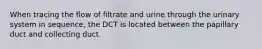 When tracing the flow of filtrate and urine through the urinary system in sequence, the DCT is located between the papillary duct and collecting duct.