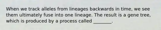 When we track alleles from lineages backwards in time, we see them ultimately fuse into one lineage. The result is a gene tree, which is produced by a process called ________.