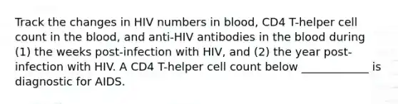 Track the changes in HIV numbers in blood, CD4 T-helper cell count in the blood, and anti-HIV antibodies in the blood during (1) the weeks post-infection with HIV, and (2) the year post-infection with HIV. A CD4 T-helper cell count below ____________ is diagnostic for AIDS.