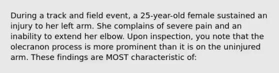 During a track and field event, a 25-year-old female sustained an injury to her left arm. She complains of severe pain and an inability to extend her elbow. Upon inspection, you note that the olecranon process is more prominent than it is on the uninjured arm. These findings are MOST characteristic of: