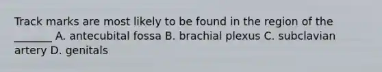 Track marks are most likely to be found in the region of the _______ A. antecubital fossa B. brachial plexus C. subclavian artery D. genitals