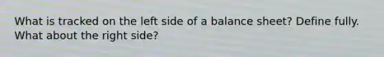 What is tracked on the left side of a balance sheet? Define fully. What about the right side?