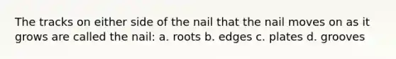 The tracks on either side of the nail that the nail moves on as it grows are called the nail: a. roots b. edges c. plates d. grooves