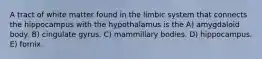 A tract of white matter found in the limbic system that connects the hippocampus with the hypothalamus is the A) amygdaloid body. B) cingulate gyrus. C) mammillary bodies. D) hippocampus. E) fornix.