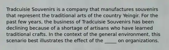 Tradcuisie Souvenirs is a company that manufactures souvenirs that represent the traditional arts of the country Yeingir. For the past few years, the business of Tradcuisie Souvenirs has been declining because of a shortage of artisans who have learned traditional crafts. In the context of the general environment, this scenario best illustrates the effect of the _____ on organizations.