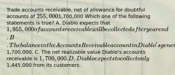 Trade accounts receivable, net of allowance for doubtful accounts of 255,0001,700,000 Which one of the following statements is true? A. Diablo expects that 1,955,000 of accounts receivable will be collected after year end. B. The balance in the Accounts Receivable account in Diablo's general ledger is1,700,000. C. The net realizable value Diablo's accounts receivable is 1,700,000. D. Diablo expects to collect only1,445,000 from its customers.