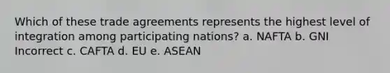 Which of these trade agreements represents the highest level of integration among participating nations? a. NAFTA b. GNI Incorrect c. CAFTA d. EU e. ASEAN