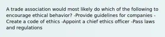 A trade association would most likely do which of the following to encourage ethical behavior? -Provide guidelines for companies -Create a code of ethics -Appoint a chief ethics officer -Pass laws and regulations