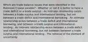 Which are trade balance issues that were identified in the Robinson Crusoe parable? - Whether or not it is better to have a trade deficit or a trade surplus - An intimate relationship exists between a trade surplus and international lending, but not between a trade deficit and international borrowing - An intimate relationship exists between a trade deficit and international borrowing, and between a trade surplus and international lending - An intimate relationship exists between a trade deficit and international borrowing, but not between between a trade surplus and international lending - The removal of the element of uncertainty