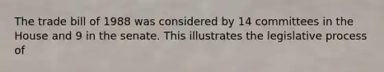 The trade bill of 1988 was considered by 14 committees in the House and 9 in the senate. This illustrates the legislative process of