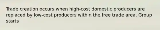 Trade creation occurs when high-cost domestic producers are replaced by low-cost producers within the free trade area. Group starts