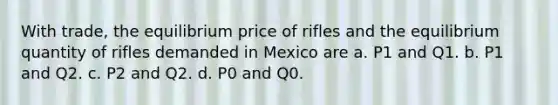 With trade, the equilibrium price of rifles and the equilibrium quantity of rifles demanded in Mexico are a. P1 and Q1. b. P1 and Q2. c. P2 and Q2. d. P0 and Q0.