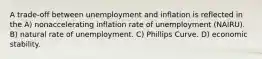 A trade-off between unemployment and inflation is reflected in the A) nonaccelerating inflation rate of unemployment (NAIRU). B) natural rate of unemployment. C) Phillips Curve. D) economic stability.