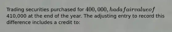 Trading securities purchased for 400,000, had a fair value of410,000 at the end of the year. The adjusting entry to record this difference includes a credit to: