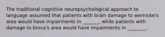 The traditional cognitive neuropsychological approach to language assumed that patients with brain damage to wernicke's area would have impairments in _______, while patients with damage to broca's area would have impairments in ________.