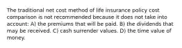 The traditional net cost method of life insurance policy cost comparison is not recommended because it does not take into account: A) the premiums that will be paid. B) the dividends that may be received. C) cash surrender values. D) the time value of money.