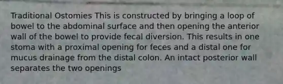 Traditional Ostomies This is constructed by bringing a loop of bowel to the abdominal surface and then opening the anterior wall of the bowel to provide fecal diversion. This results in one stoma with a proximal opening for feces and a distal one for mucus drainage from the distal colon. An intact posterior wall separates the two openings