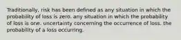 Traditionally, risk has been defined as any situation in which the probability of loss is zero. any situation in which the probability of loss is one. uncertainty concerning the occurrence of loss. the probability of a loss occurring.