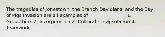 The tragedies of Jonestown, the Branch Davidians, and the Bay of Pigs invasion are all examples of _______________. 1. Groupthink 2. Incorporation 2. Cultural Encapsulation 4. Teamwork