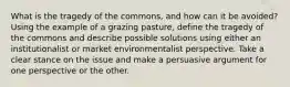 What is the tragedy of the commons, and how can it be avoided? Using the example of a grazing pasture, define the tragedy of the commons and describe possible solutions using either an institutionalist or market environmentalist perspective. Take a clear stance on the issue and make a persuasive argument for one perspective or the other.