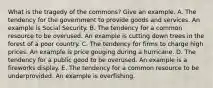 What is the tragedy of the​ commons? Give an example. A. The tendency for the government to provide goods and services. An example is Social Security. B. The tendency for a common resource to be overused. An example is cutting down trees in the forest of a poor country. C. The tendency for firms to charge high prices. An example is price gouging during a hurricane. D. The tendency for a public good to be overused. An example is a fireworks display. E. The tendency for a common resource to be underprovided. An example is overfishing.