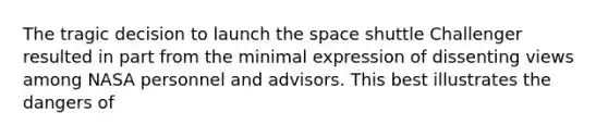 The tragic decision to launch the space shuttle Challenger resulted in part from the minimal expression of dissenting views among NASA personnel and advisors. This best illustrates the dangers of