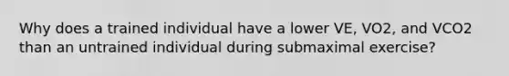 Why does a trained individual have a lower VE, VO2, and VCO2 than an untrained individual during submaximal exercise?