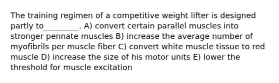 The training regimen of a competitive weight lifter is designed partly to_________. A) convert certain parallel muscles into stronger pennate muscles B) increase the average number of myofibrils per muscle fiber C) convert white <a href='https://www.questionai.com/knowledge/kMDq0yZc0j-muscle-tissue' class='anchor-knowledge'>muscle tissue</a> to red muscle D) increase the size of his motor units E) lower the threshold for muscle excitation