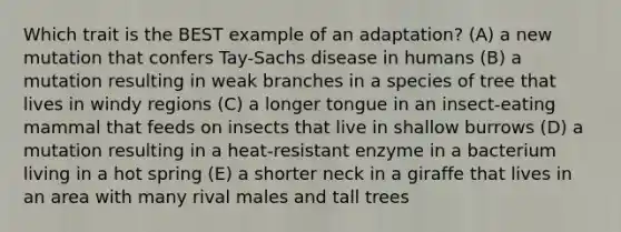 Which trait is the BEST example of an adaptation? (A) a new mutation that confers Tay-Sachs disease in humans (B) a mutation resulting in weak branches in a species of tree that lives in windy regions (C) a longer tongue in an insect-eating mammal that feeds on insects that live in shallow burrows (D) a mutation resulting in a heat-resistant enzyme in a bacterium living in a hot spring (E) a shorter neck in a giraffe that lives in an area with many rival males and tall trees