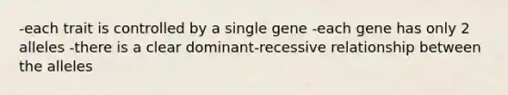 -each trait is controlled by a single gene -each gene has only 2 alleles -there is a clear dominant-recessive relationship between the alleles