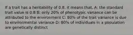 If a trait has a heritability of 0.8, it means that, A: the standard trait value is 0.8 B: only 20% of phenotypic variance can be attributed to the environment C: 80% of the trait variance is due to environmental variance D: 80% of individuals in a population are genetically distinct