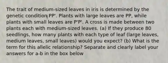 The trait of medium-sized leaves in iris is determined by the genetic condition PP'. Plants with large leaves are PP, while plants with small leaves are P'P'. A cross is made between two plants each with medium-sized leaves. (a) If they produce 80 seedlings, how many plants with each type of leaf (large leaves, medium leaves, small leaves) would you expect? (b) What is the term for this allelic relationship? Separate and clearly label your answers for a-b in the box below