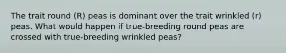 The trait round (R) peas is dominant over the trait wrinkled (r) peas. What would happen if true-breeding round peas are crossed with true-breeding wrinkled peas?