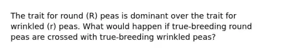 The trait for round (R) peas is dominant over the trait for wrinkled (r) peas. What would happen if true-breeding round peas are crossed with true-breeding wrinkled peas?
