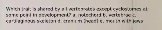 Which trait is shared by all vertebrates except cyclostomes at some point in development? a. notochord b. vertebrae c. cartilaginous skeleton d. cranium (head) e. mouth with jaws